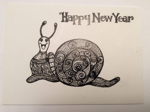 Dorothy, Happy New Year snail.  Zentangle.